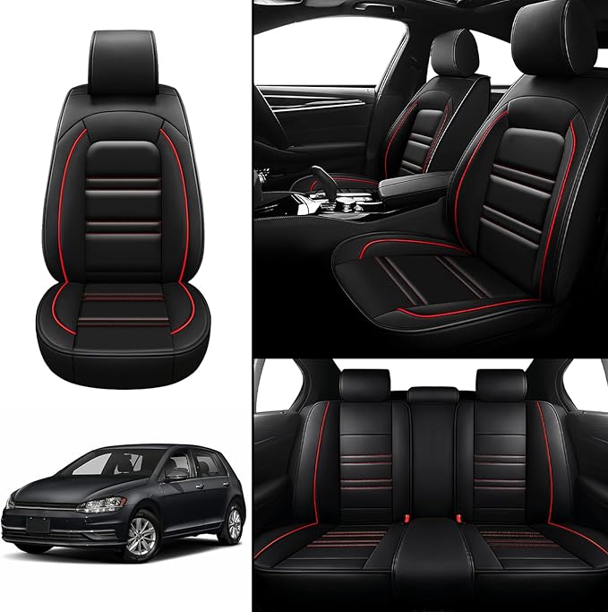 Seat Covers for VW Car Golf 2015-2019 | 5-Seats Leather Seat Covers, Easy to Install Automotive Seat Covers Full Set (Full Set, Black&Red Line)