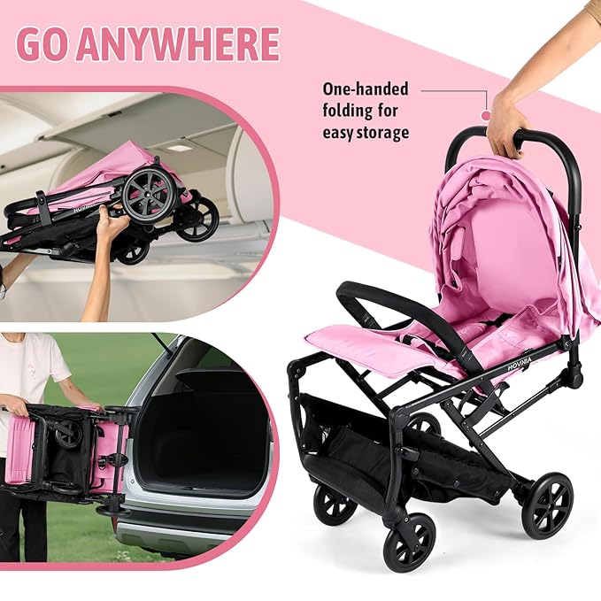 Lightweight Stroller, One-Hand Fold Compact Travel Stroller from Birth to 55 lbs, UPF 50+ Large Canopy & 5-Point Harness, Adjustable Reclining Seat- Pink