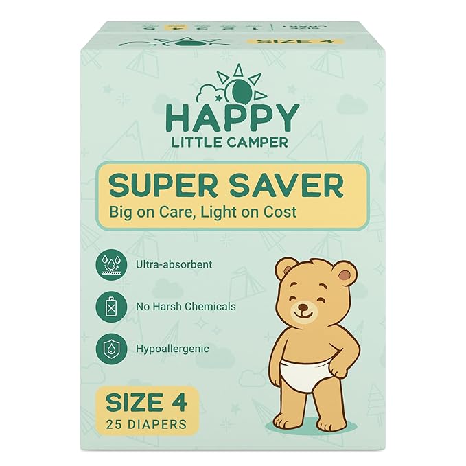 Happy Little Camper Super Saver Diapers, Size 4, 25 Count | Budget-Friendly Disposable Baby Diapers for Sensitive Skin | Hypoallergenic, Fragrance-Free, Ultra Absorbent