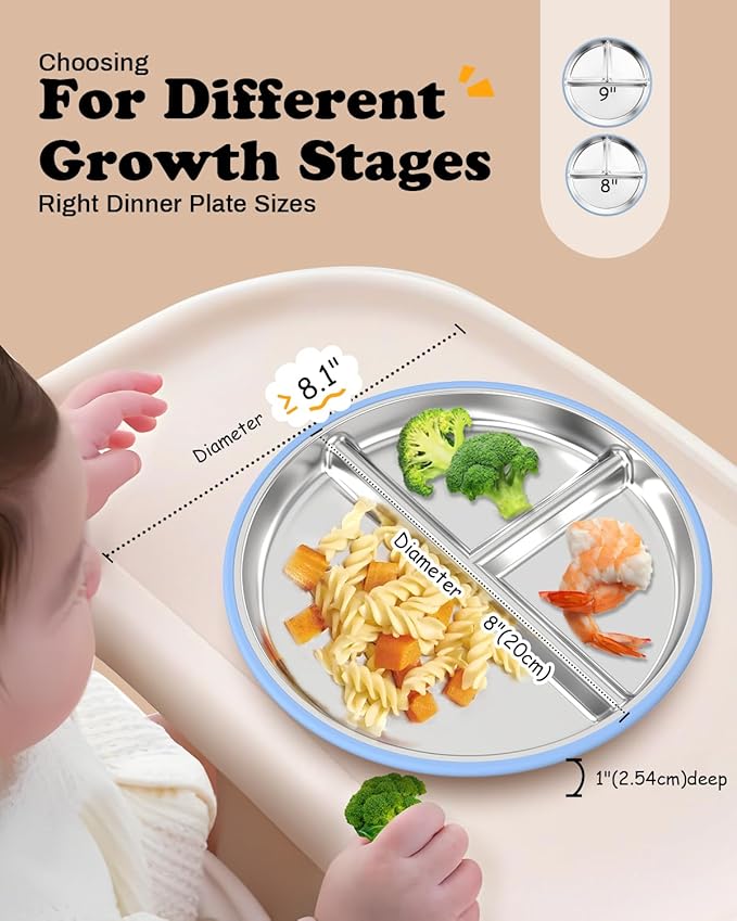 Stainless Steel Toddler Plate with Suction, 8” Divided Plates with Removable Silicone Sleeves for Baby, Non Toxic Unbreakable Kids Snack Dishes Set of 4, Sage Blue Gray Navy