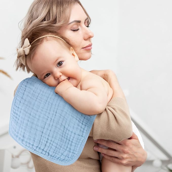 Baby Burp Cloth 100% Cotton Newborn Cotton Muslin Burp Cloth 10x20 inches (White & Blue 6 Pieces)