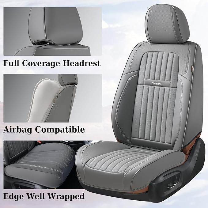 Coverado Car Seat Covers Full Set, Seat Covers for Cars,Gray Car Seat Cover, Waterproof Car Seat Protector, 5 Pieces Nappa Car Seat Cushion, Car Seat Covers Front Seats and Back Fit for Most Cars