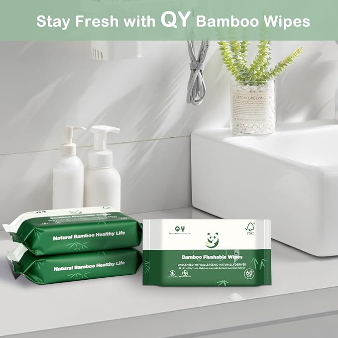 Bamboo Flushable Wipes,Septic Safe,Soft, Soothing Botanicals & Aloe, Unscented,Eco Friendly, Natural Brown Bamboo-Pulp Based Flusable Wipes for Women/kids/Adults 360Count (6 Packs of 60)
