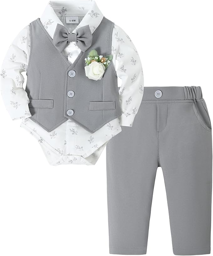 SANMIO Baby Boy Clothes Suits Infant Gentleman Outfit Collared Dress Shirt+Vest+Tie+Corsage+Pants 5Pcs Baby Suit Sets