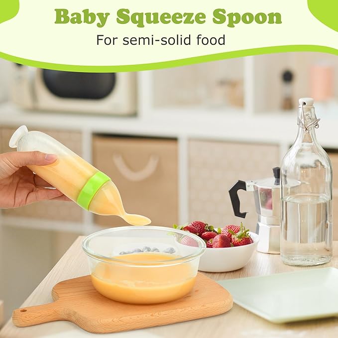 WAJIAYON Baby Food Feeder 4 Pack Silicone Baby Food Dispensing Spoon-3 oz Squeeze Feeding Spoons with Suction Cup for Boys Girl Kids Toddlers - Self Feeding Bottle Spoon-Green