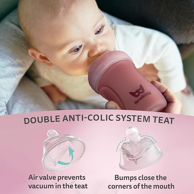 Herobility Glass Baby Bottle - 11 fl oz/320 ml - 3 Pack | Heat Sensing Color-Changing Bottle with Double Anti-Colic Nipple - Silicone Coating - Breastlike Nipples for Newborn Babies - Teal Color
