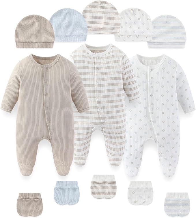 Fashion Baby Boy Girl Clothing Set Cotton Soft 3-Piece Long Sleeve Button Rompers 5-Pack Hats&Gloves Infant Clothes
