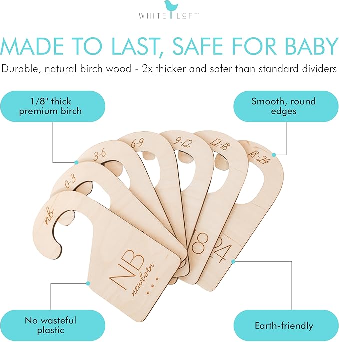 Baby Clothes Dividers for Closet – Wood Size Dividers for Newborn to 24 Months, Nursery Organizer, Large 1in Letter Size (Set of 7)