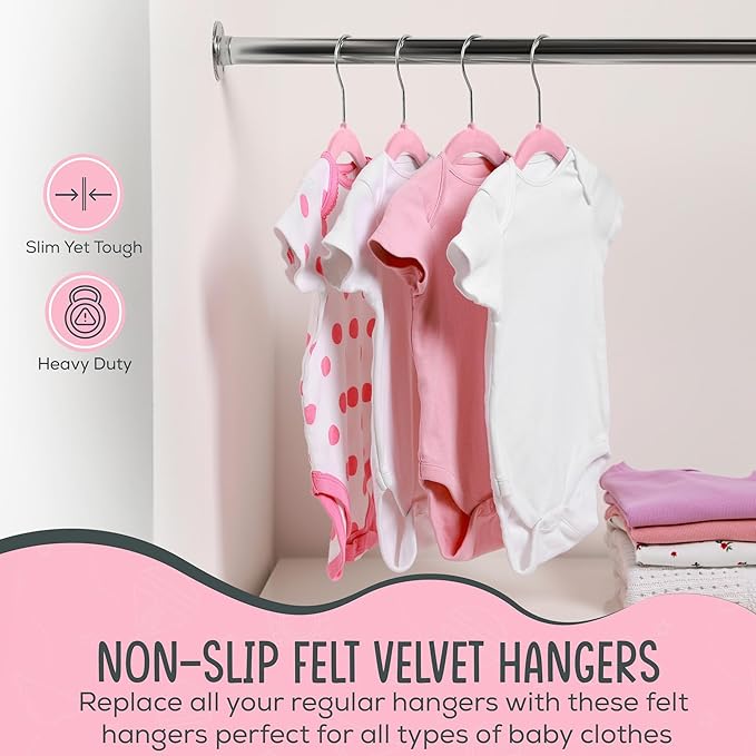 50 Premium Baby Velvet Hangers - 11.8 Inches Non-Slip & Ultra-Slim Baby Hangers for Space-Saving & Children Clothes - 360 Swivel Hook, Strong & Durable Infant & Toddler Clothes Hanger - Pink