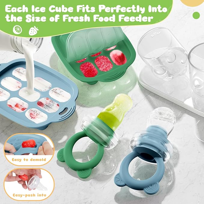 Bear Baby Fruit Food Feeder & Mini Freezer Nibble Tray Combo, 2 Pack Breastmilk Popsicle Molds for Baby Teething Relief, BPA Free Silicone Feeder for Safe Infant Self Feeding, Dishwasher Safe, Green