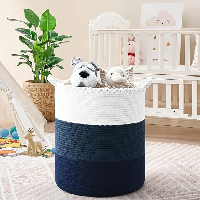 52L Storage Basket for Organizing, 15"×18" Large Tall Laundry Baskets, Cotton Rope Woven Blanket Basket, Toy Storage for Kids, Collapsible Laundry Hamper for Living Room, Nursery Room