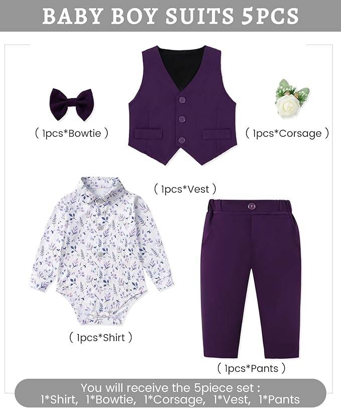 SANMIO Baby Boy Clothes Suits Infant Gentleman Outfit Collared Dress Shirt+Vest+Tie+Corsage+Pants 5Pcs Baby Suit Sets