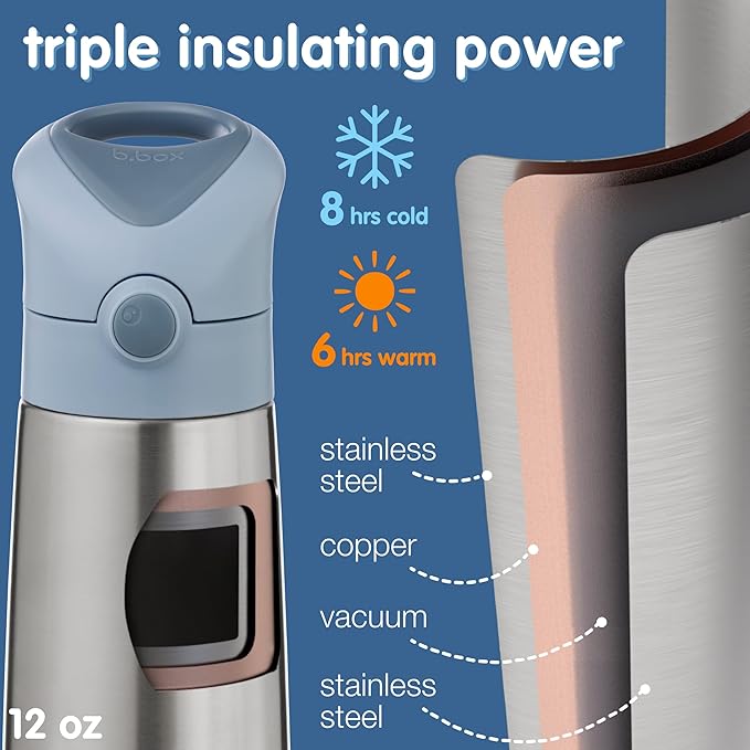 b.box 12 oz Insulated Water Bottle - Keeps Drinks Cold 8 Hours, Warm 6 Hours, Triple Wall Stainless Steel Kids Water Bottle w/Free Flow Silicone Straw, Leakproof & Dishwasher Safe
