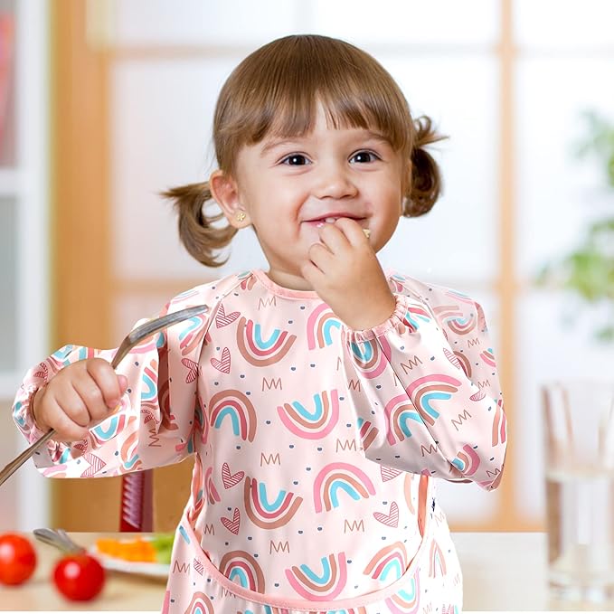 SPINFOX 2 Pack Baby Smock for Eating, Mess Proof Baby Bib, Waterproof Toddler Baby Feeding Bibs Shirt for Girl 6-24 Months