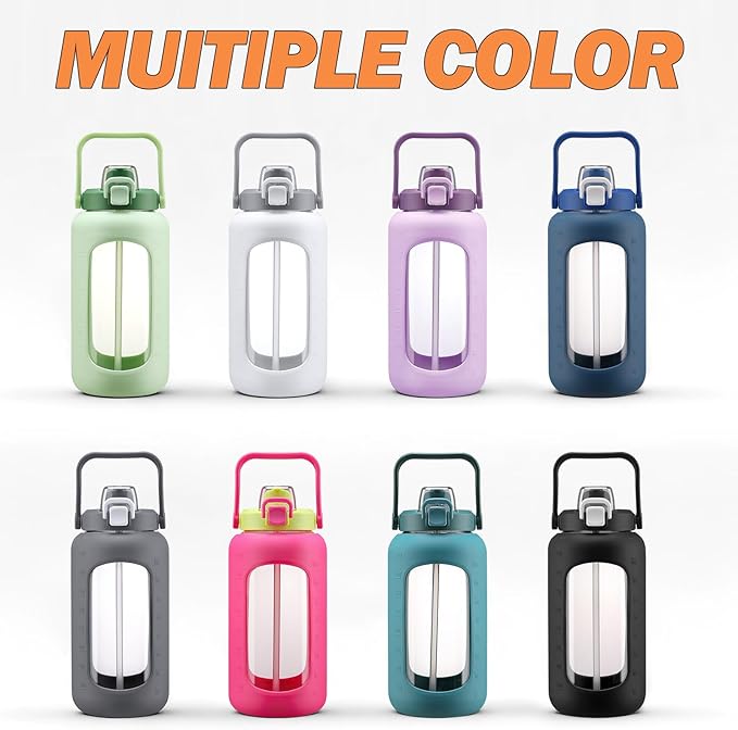 72oz Glass Water Bottle with 2-IN-1 Straw &Chug Lid, Large Motivational Glass Bottle with Capacity Marker and Silicone Sleeve, 2.1Liter Gallon Water Jug for Home, Sports, Gym, BPA Free-Black