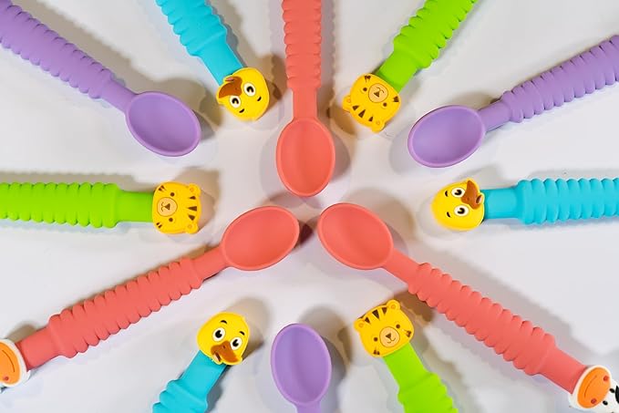 3-in-1 Silicone Baby Spoon Self Feeding 6+ Months - Pediatric OT Designed Teether Spoon, BPA Free Toddler Utensils, Mess-Free, Fun for Baby Led Weaning Supplies, Cow & Tiger