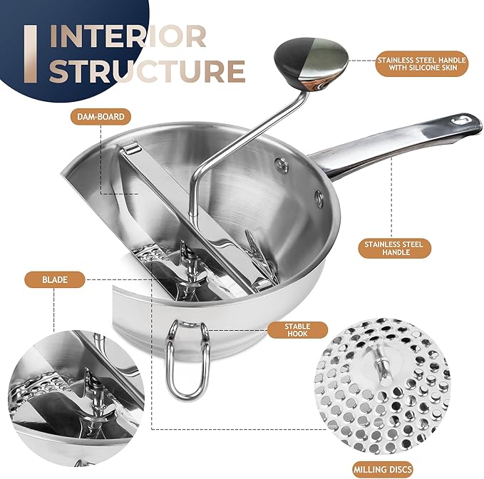 Food Mill Stainless Steel With 3 Grinding Discs and Complete Canning Supplies Starter Kit of 8-Includes Tongs, Jar Lifter, Wrench, Lid Lifter, measurer,Funnel,Labels,Multifunctional Spoon(BX-OG-GR)