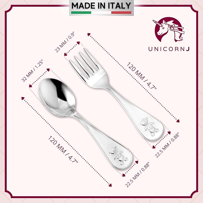 Sterling Silver Baby Spoon Fork Set Teddy Bear Design Personalized Engravable | Complete with Gift Box | Keepsake Gift for Baby | Made in Italy