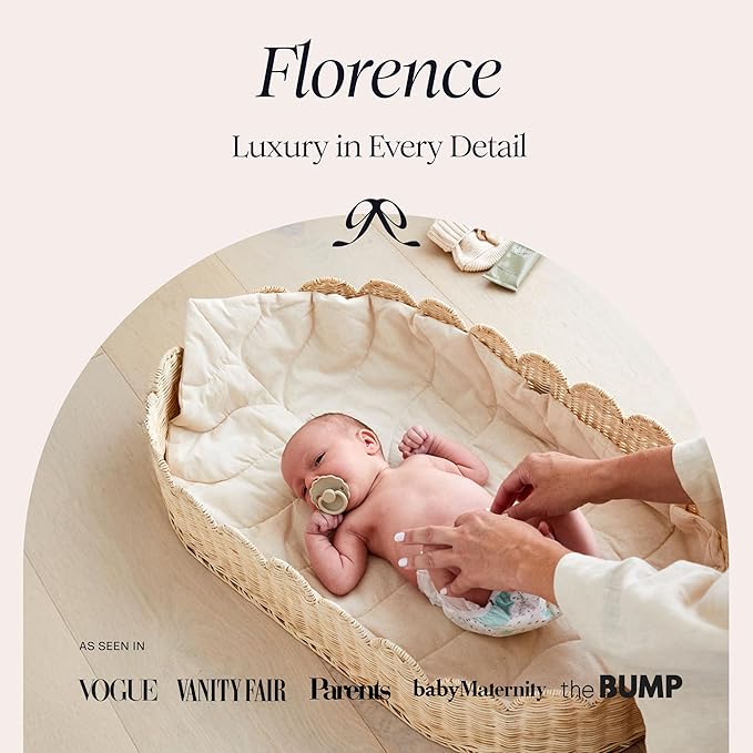 Bebe Bask Premium Baby Changing Basket - Artisan-Crafted Scalloped Rattan - Changing Basket for Baby Dresser - All Accessories Included - Complete Set for Nursery (Natural)