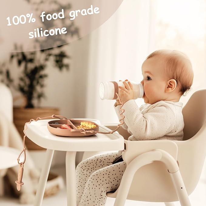 Baby Plates with Suction Silicone Baby Spoons Divided Baby Plates Silicone Baby Safety Toy Straps Baby Bottle Bungees Baby Feeding Set All-in-one-Brown