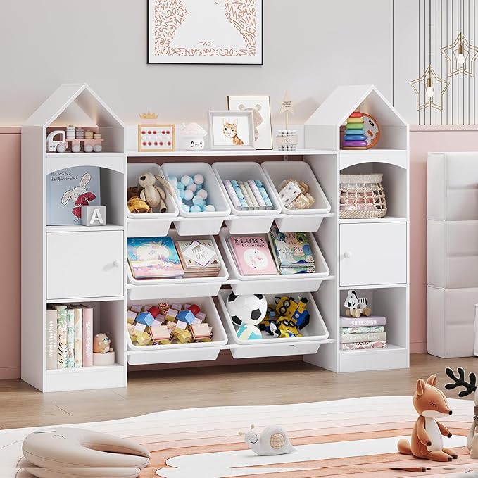 Vabches 55" Castle Shape Children's Toy Storage Organizer,Multifunctional Bookshelf with 8 Plastics Bins, Children's Bookcase with 6 Shelves and 2 cabinets for Playroom,Kid's Room,Living Room.