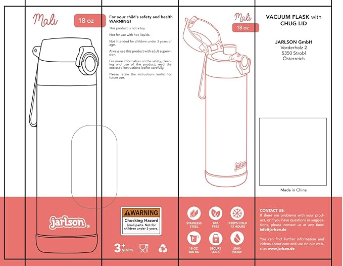 Jarlson® Mali Children's Water Bottle, Thermal Stainless Steel Water Bottle, BPA-Free, Leak-Proof, Children's Bottle with Chug Lid, Bottle for School, Nursery (Fox Green, 12 oz)