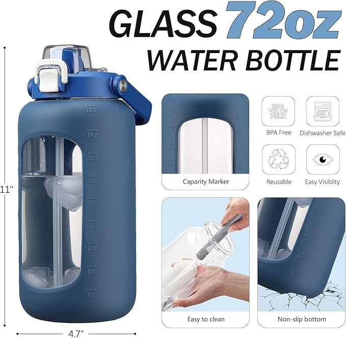 72oz Glass Water Bottle with 2-IN-1 Straw &Chug Lid, Large Motivational Glass Bottle with Capacity Marker and Silicone Sleeve, 2.1Liter Gallon Water Jug for Home, Sports, Gym, BPA Free-Blue