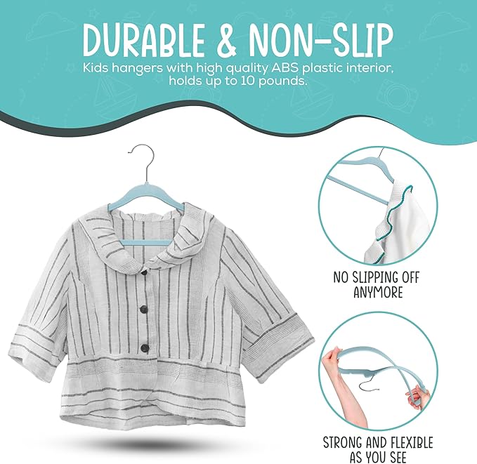 50 Premium Kids Velvet Hangers - 14" Non-Slip Ultra Slim Space-Saving Clothes Hangers with 360° Swivel Hook - Strong & Durable Hangers for Children & Preteens Wardrobe - Blue