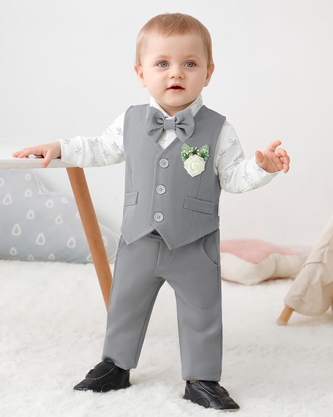 SANMIO Baby Boy Clothes Suits Infant Gentleman Outfit Collared Dress Shirt+Vest+Tie+Corsage+Pants 5Pcs Baby Suit Sets