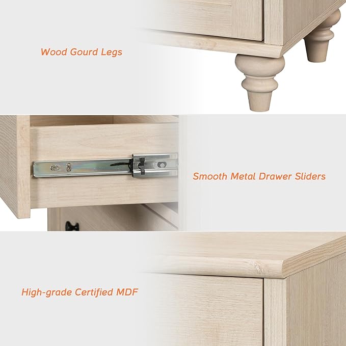 WAMPAT Dresser for Kids Bedroom with 5 Drawers and 2 Storage Cabinet, Nightstands with Charging Station, Mid Century Modern Baby Dressers with Wide Chest of Drawers for Nursery, Beige, 67 inch