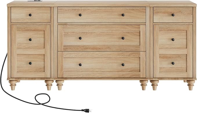 WAMPAT Dresser with Wide Chest of Drawers for Bedroom, End Table with Charging Station for Living Room, Mid Century Modern Kids Dressers for Nursery with 5 Drawers and 2 Storage Cabinet, Oak