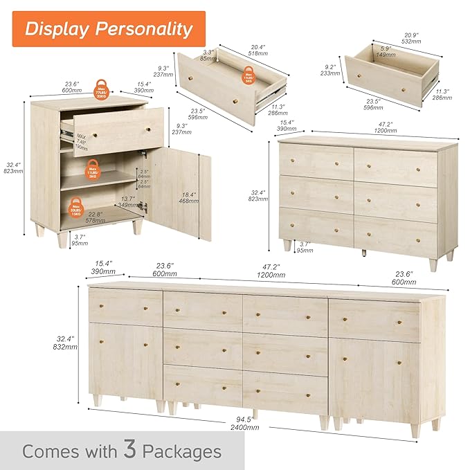 WAMPAT 8 Drawers Dresser Chests for Bedroom, 3-in-1 Modern Light Oak Wood Closet Storage Organizer Furniture with Door and Adjustable Shelves for Kids Room, Nursery, 94.4" Wide