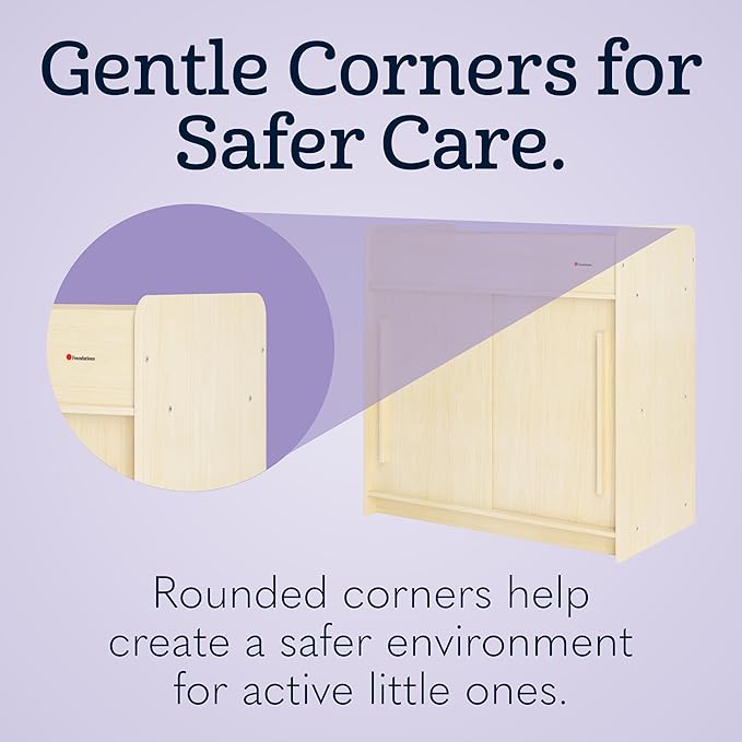 Foundations SafeGlide Daycare Changing Table, Durable Wood Construction, Built-in Shelving for Ample Storage, Gliding Doors, Adjustable Safety Strap, Includes Foam Mattress Pad (Natural)