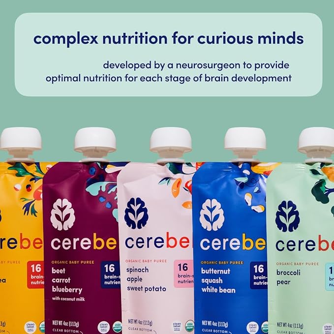 Cerebelly Organic Baby Food Pouches, Broccoli Pear Purees, 16 Nutrients, No Added Sugar, Fiber & Non-GMO, 4oz, 12 Pack