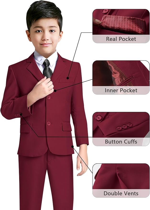 YuanLu Boys Suit for Kids Tuxedo Wedding Ring Bearer Outfit, 5 Piece Boy Slim Fit Formal Suits with Adjustable Waist