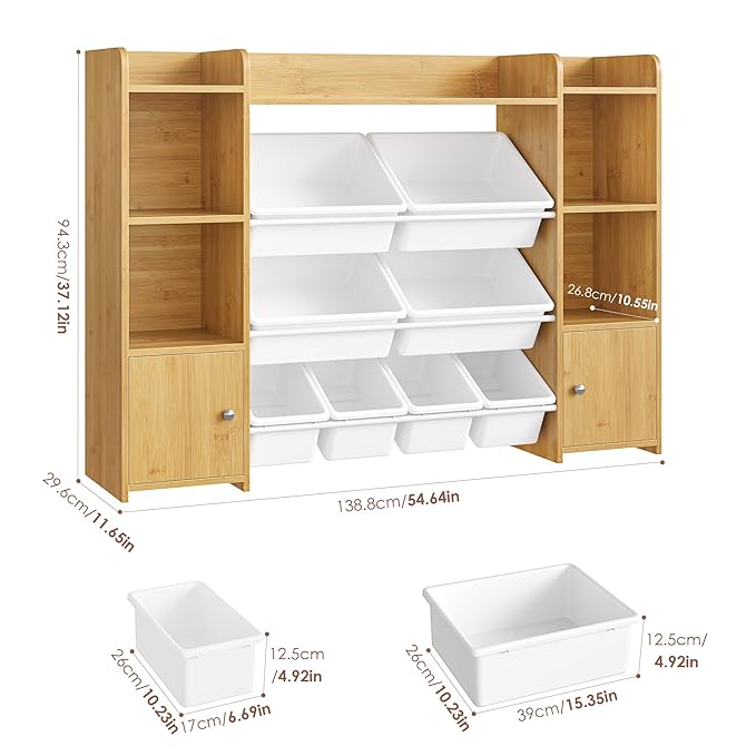 FOTOSOK 55''Large Toy Storage Organizer with 8 Toy Bins, Toy Organizers and Storage with Shelf and 6 Storage Cubbies, Bookshelf for Kids, Playroom Organization and Storage Bins, Natural