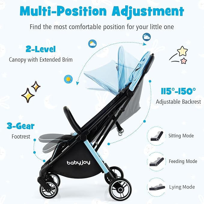 BABY JOY Lightweight Baby Stroller, Compact Travel Stroller for Airplane, Infant Toddler Stroller w/Adjustable Backrest & Canopy, Storage Basket, Self Standing Gravity Fold, Aluminium Frame (Blue)