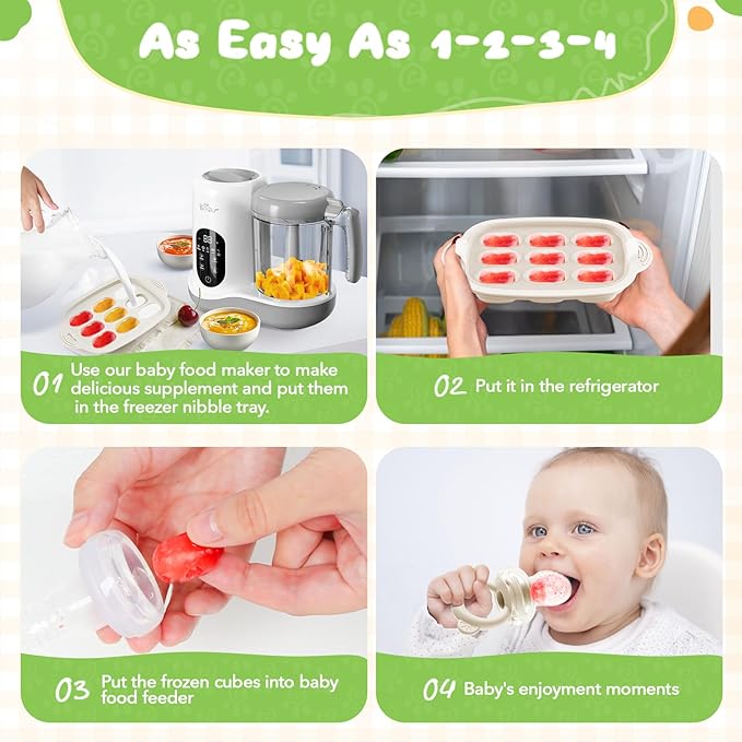 Bear Baby Fruit Food Feeder & Mini Freezer Nibble Tray Combo, 2 Pack Breastmilk Popsicle Molds for Baby Teething Relief, BPA Free Silicone Feeder for Safe Infant Self Feeding, Dishwasher Safe, Pink