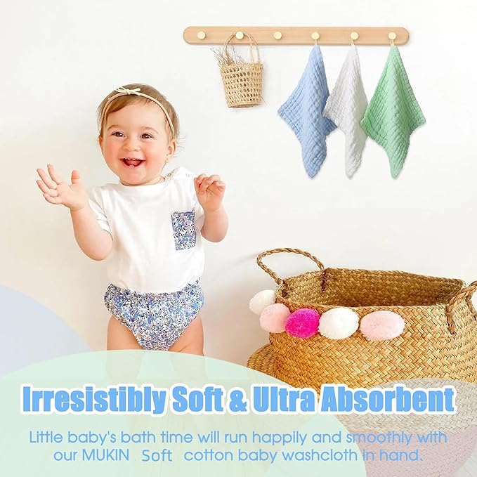 MUKIN Muslin Washcloths - Soft Face Cloths for Newborn, Absorbent Bath Face Towels, Wipes, Burp Cloths, Baby Registry as Shower. Pack of 10 (Green,Blue,White)