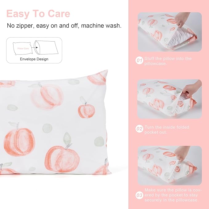 TILLYOU Toddler Pillowcases 13 x 18 Travel Pillow Case 2 Pack, Kids Pillowcases Machine Washable with Envelope Closure, Peach dot & Light Green
