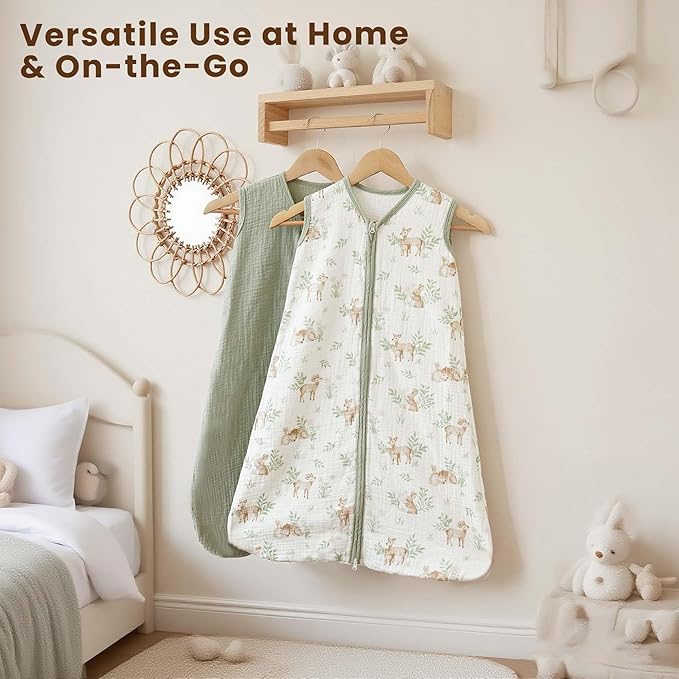 Konssy Muslin Baby Sleep Sack 0-6 Months 0.8 TOG, 2 Pack 100% Cotton Wearable Blanket for Babies, 2-Way Zipper Breathable Sleeping Sack Infant Toddler Essentials for Girls and Boys (Woodland,Sage)