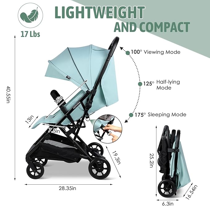 Lightweight Stroller, One-Hand Fold Compact Travel Stroller from Birth to 55 lbs, UPF 50+ Large Canopy & 5-Point Harness, Adjustable Reclining Seat- Green