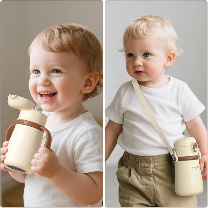 Evorie Leak Proof Vacuum Insulated Water Bottle, 316L Stainless Steel Sippy Cup for Toddlers, 11 oz Straw Cup with Handle & Adjustable Strap, Keeps Drinks Warm or Cold (1 Pack, White)