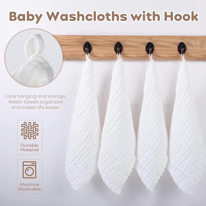Yoofoss Muslin Baby Washcloths 100% Cotton Face Towels 6 Pack Wash Cloths for Baby 12x12in Soft and Absorbent Baby Wipes (White)