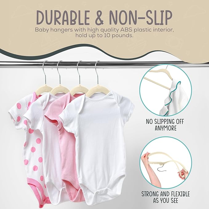 50 Premium Baby Velvet Hangers - 11.8" Non-Slip, Ultra-Slim Space-Saving Children Closet Hangers - 360° Swivel Hook, Strong & Durable Infant & Toddler Clothes Hangers for Wardrobe - Ivory
