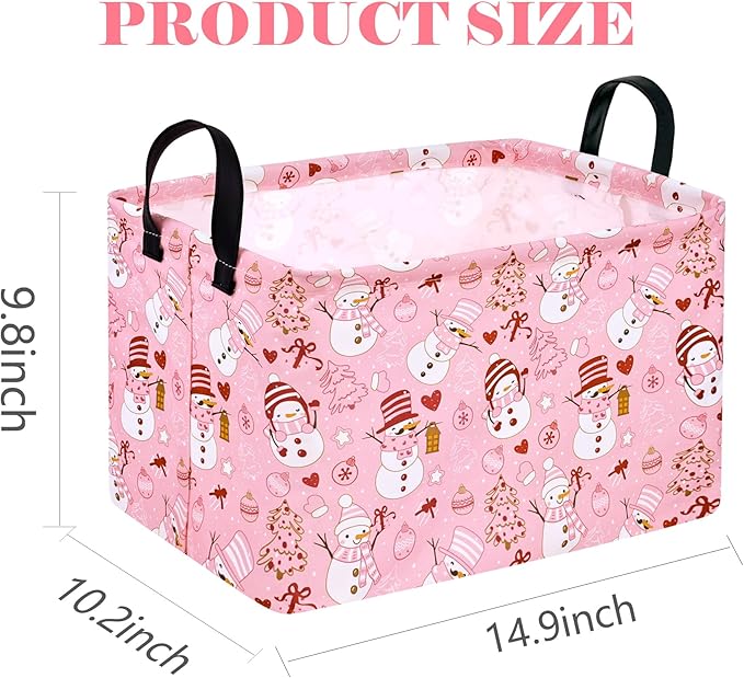 Rectangle Basket, Kids Organizer, Pink Snowman Pattern Toy Storage Cube, Clothes Storage Box With Handles for Room Decor
