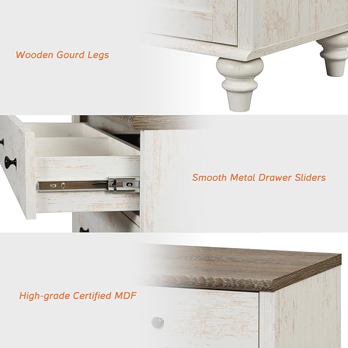 WAMPAT Rustic White Dresser for Kids Bedroom with 5 Drawers and 2 Storage Cabinet, Nightstands with Charging Station for Living Room, Mid Century Modern Baby Dressers with Wide Chest of Drawers