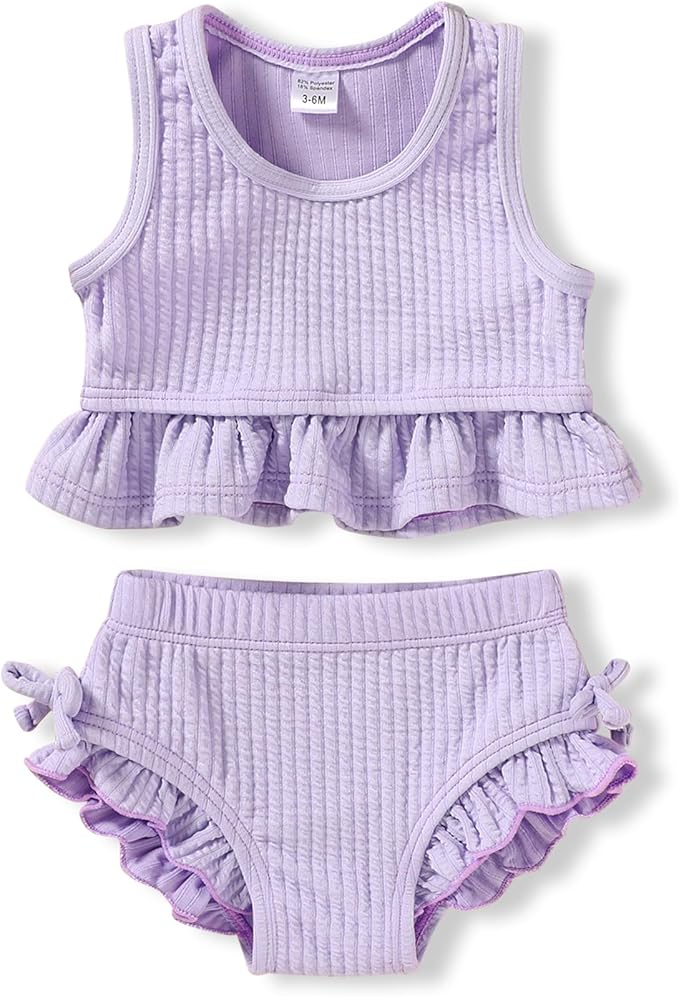 HAPPYMA Baby Swimsuit Toddler Girl Bathing Suit Summer Solid Color Bikini Set Beach Two Piece Swim Wear