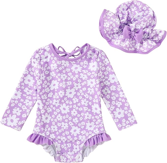 YOUNGER TREE Infant Baby Girls Swimsuit Long Sleeve Swimsuits One Piece Swimsuit Solid Color Bathing Suit with Hat, UPF 50+