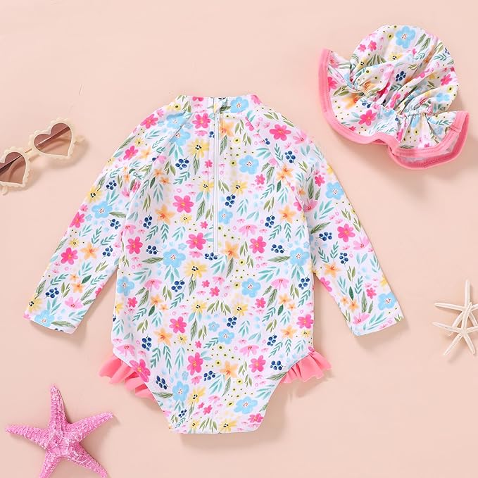 Infant Baby Girl Swimsuit One-Piece Long Sleeve Rash Guard with Hat Set Floral Zipper Bathing Suit Leopard Beach Wear